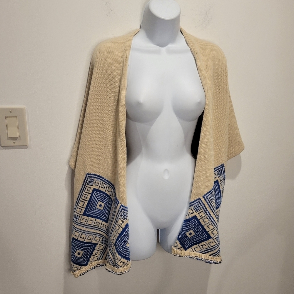 Maddison One Size Boho Cream/blue Poncho Wrap With Fringe